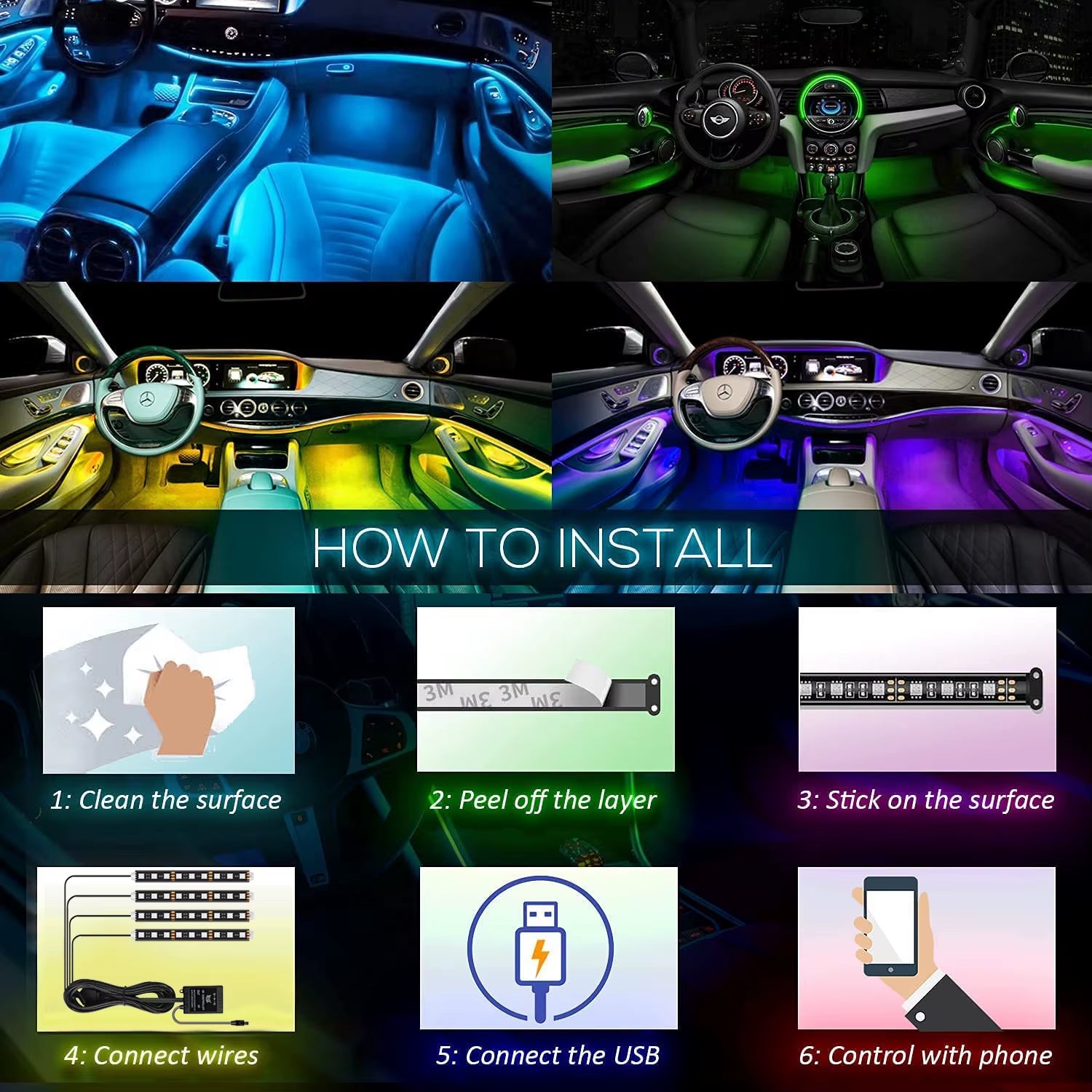 Car LED RGB Atmosphere Strip Light