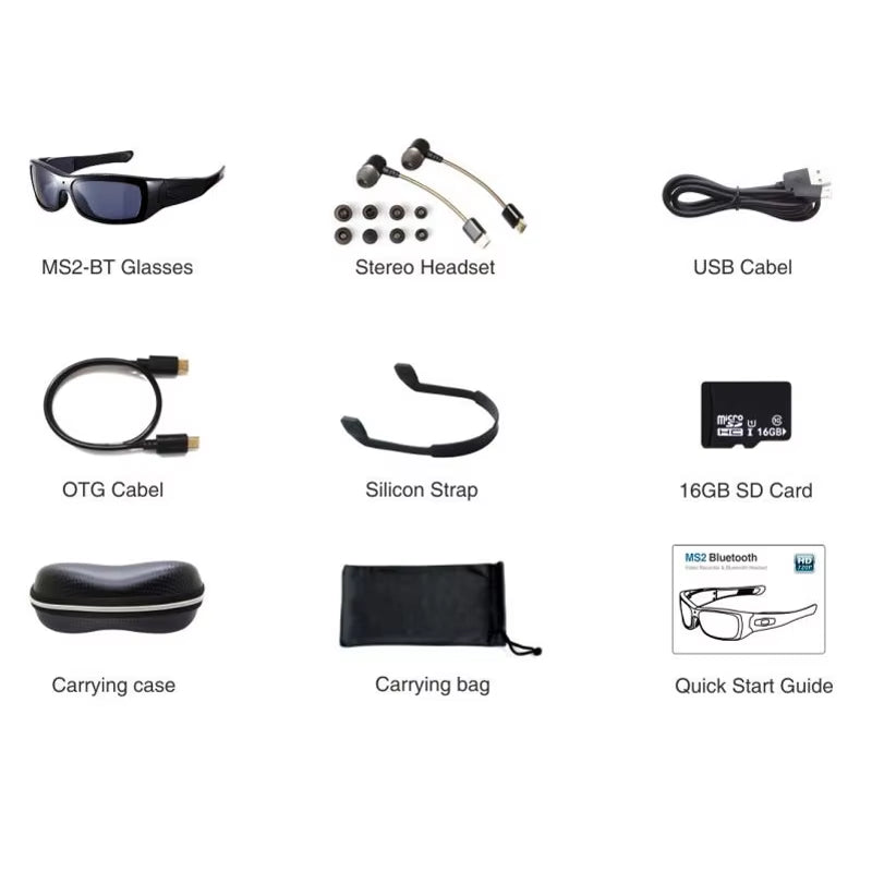 Camera Glasses Camcorders Portable DV Video Recorder Microphone HD Record DVR Vidicon Bluetooth Earphones